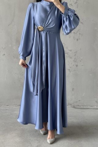 Eliz Satin Hijab Evening Dress Indigo