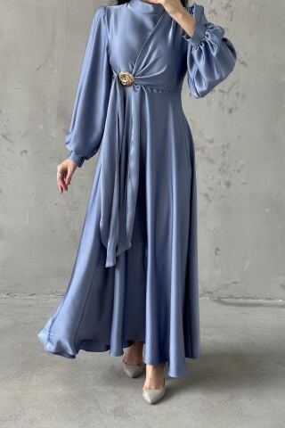Eliz Satin Hijab Evening Dress Indigo