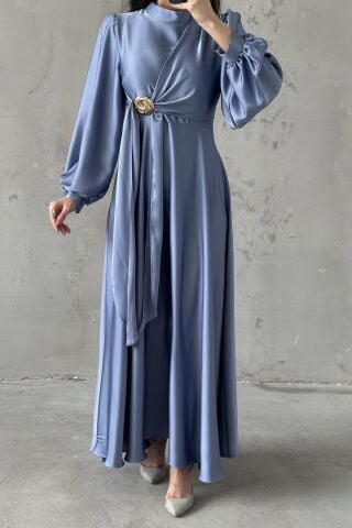 Eliz Satin Hijab Evening Dress Indigo