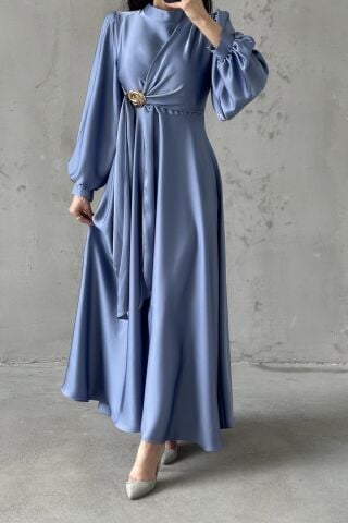 Eliz Satin Hijab Evening Dress Indigo