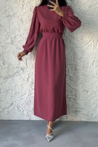 Kolları Boydan İşlemeli Krep Tesettür Abiye Gül Kurusu