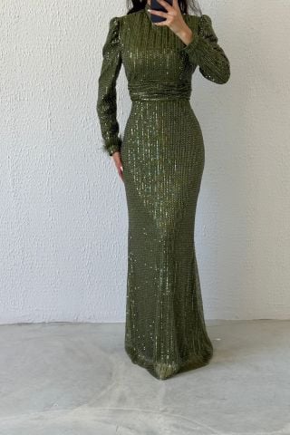 Beli İnce Piliseli Pul Payet Tesettür Abiye Haki