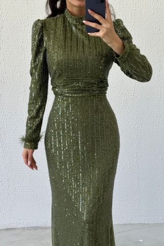 Beli İnce Piliseli Pul Payet Tesettür Abiye Haki