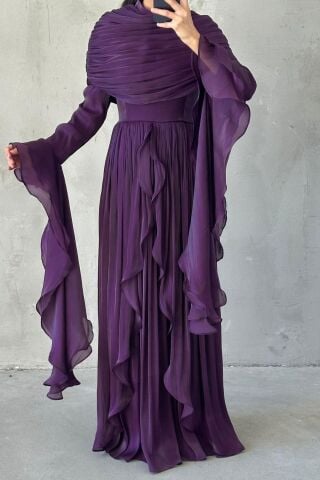 Ruffle Detailed Janjan Hijab Evening Dress Purple