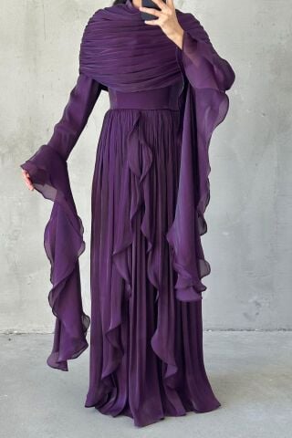 Volan Detaylı Fırfırlı Janjan Tesettür Abiye Mor