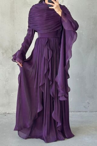 Volan Detaylı Fırfırlı Janjan Tesettür Abiye Mor