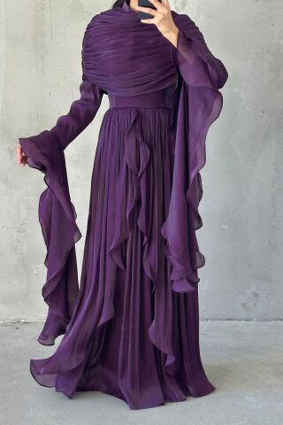 Volan Detaylı Fırfırlı Janjan Tesettür Abiye Mor