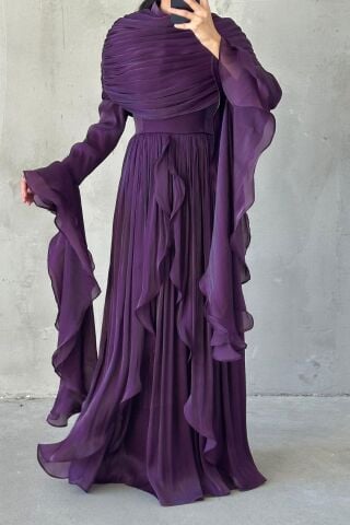 Volan Detaylı Fırfırlı Janjan Tesettür Abiye Mor