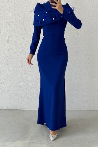 Modern Tasarım Eşsiz Krep Tesettür Abiye Saks Mavisi