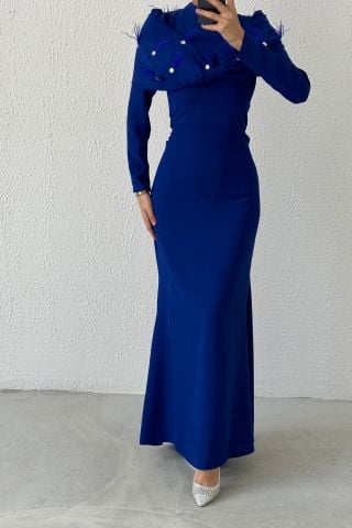 Modern Tasarım Eşsiz Krep Tesettür Abiye Saks Mavisi