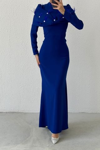 Modern Tasarım Eşsiz Krep Tesettür Abiye Saks Mavisi