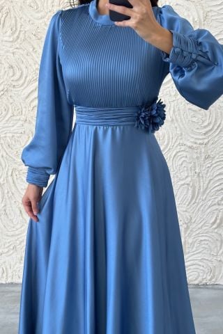 Flower Detailed Pleated Hijab Evening Dress Indigo