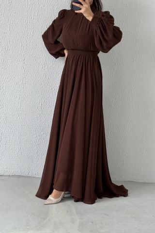 Önü Kısa Arkası Uzun Şifon Tesettür Abiye Kahverengi