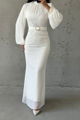 Şık Tasarım Ekru Kemerli Şifon Tesettür Abiye Elbise