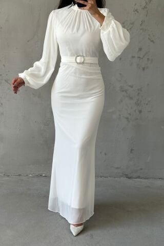 Şık Tasarım Ekru Kemerli Şifon Tesettür Abiye Elbise