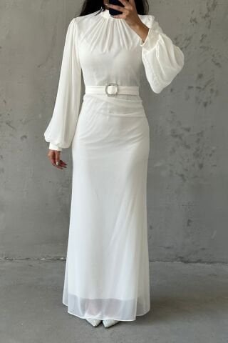 Şık Tasarım Ekru Kemerli Şifon Tesettür Abiye Elbise