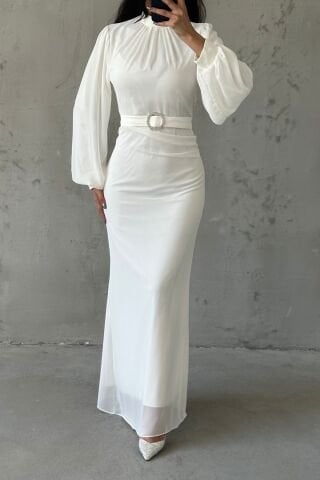 Şık Tasarım Ekru Kemerli Şifon Tesettür Abiye Elbise