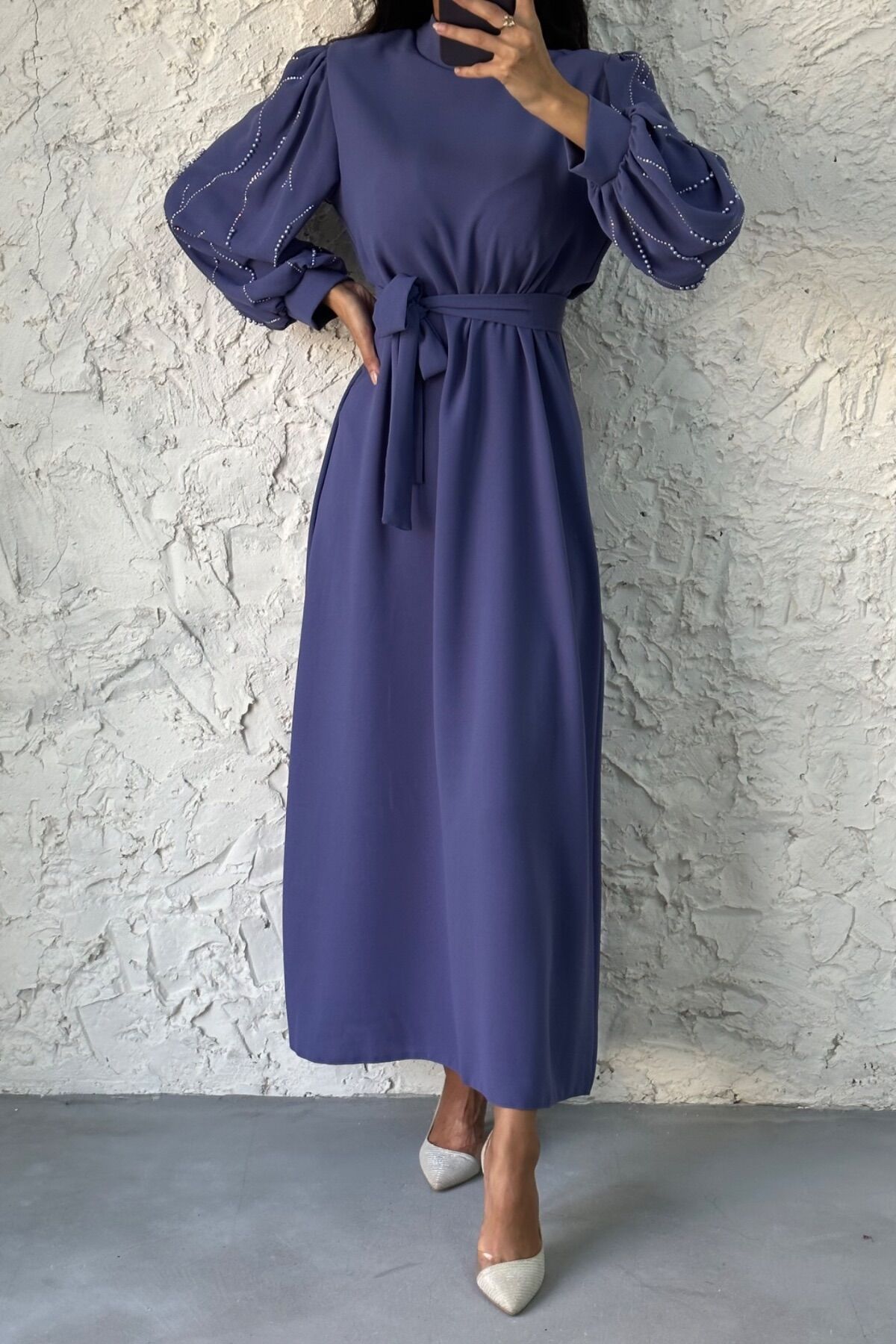 Crepe Hijab Evening Dress Indigo with Embroidered Sleeves