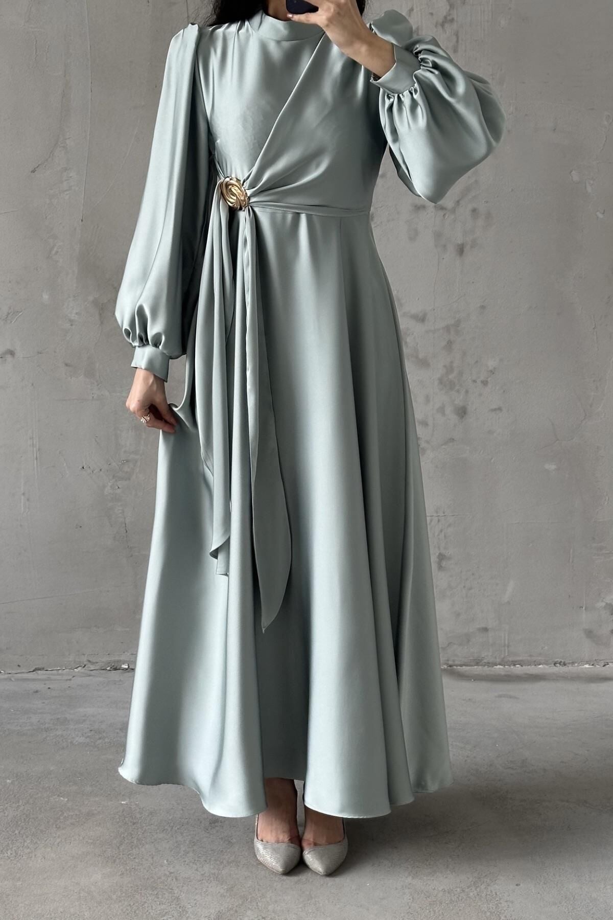 Eliz Satin Hijab Evening Dress, Aqua Green