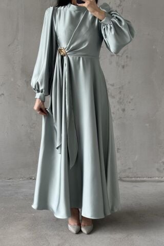 Eliz Satin Hijab Evening Dress, Aqua Green