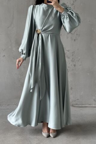 Eliz Satin Hijab Evening Dress, Aqua Green