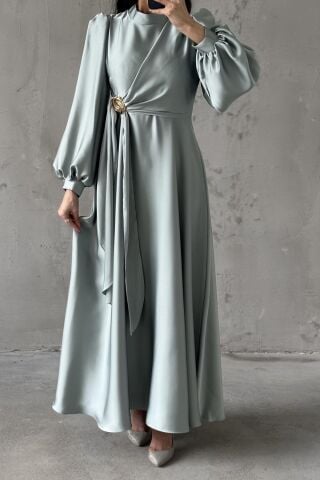 Eliz Satin Hijab Evening Dress, Aqua Green