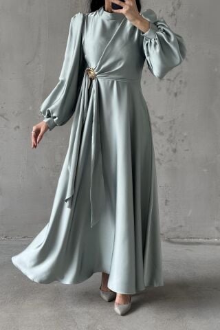 Eliz Satin Hijab Evening Dress, Aqua Green