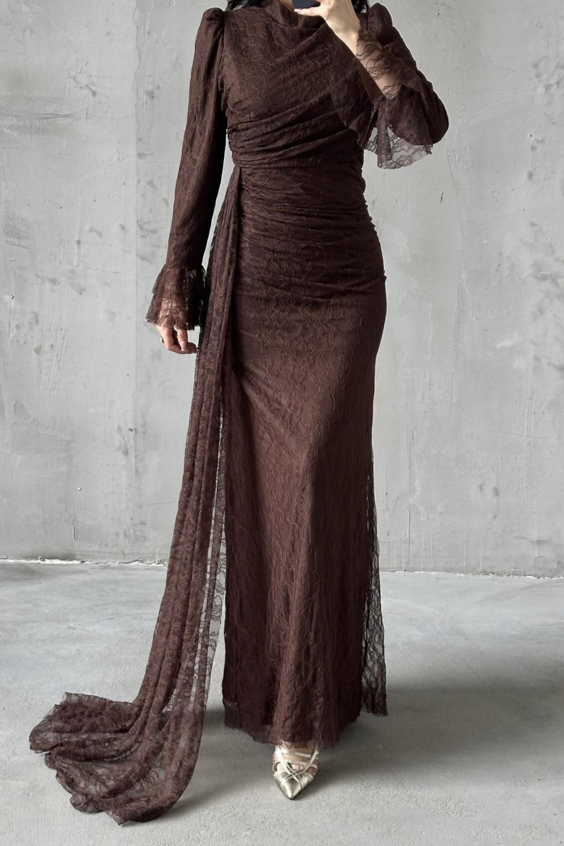 Leya Tesettür Abiye Kahverengi