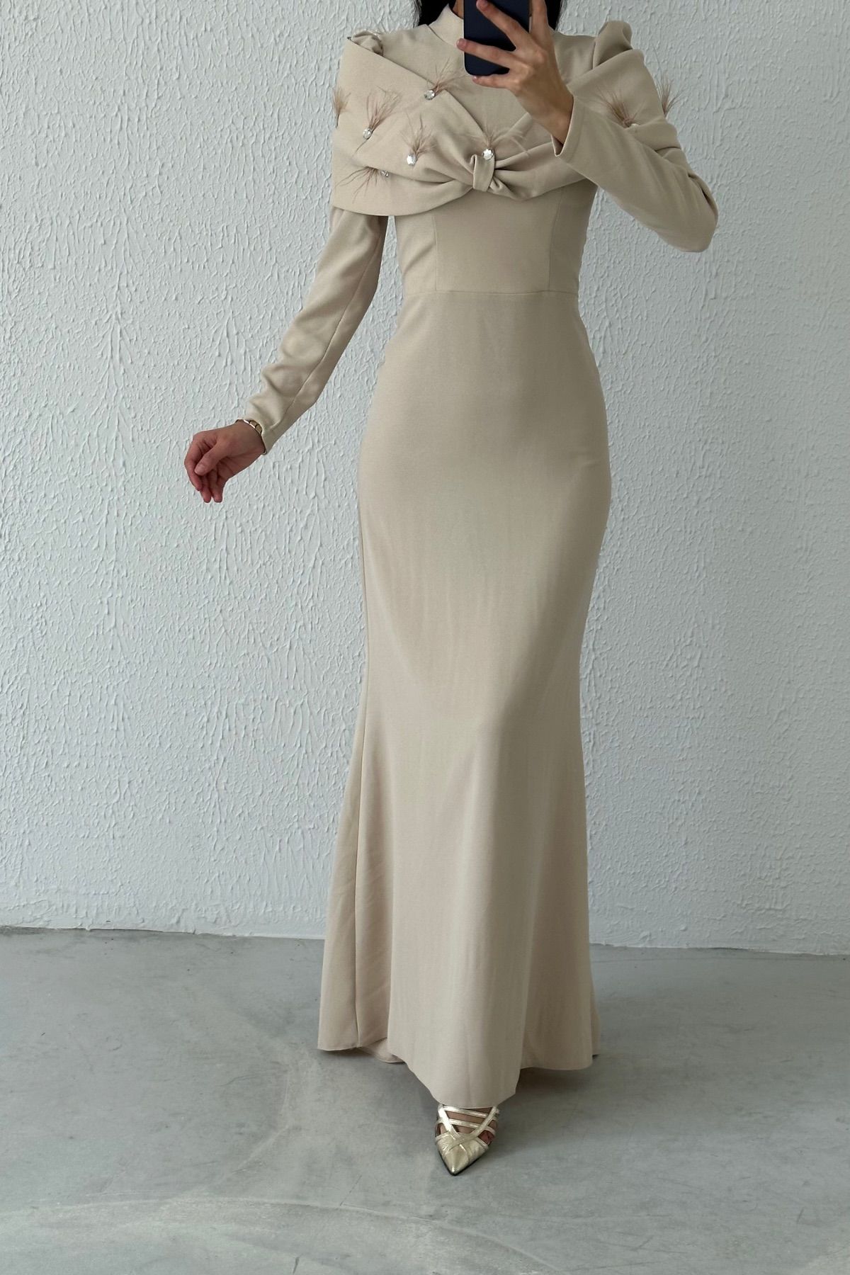 Modern Design Unique Crepe Hijab Evening Dress Stone