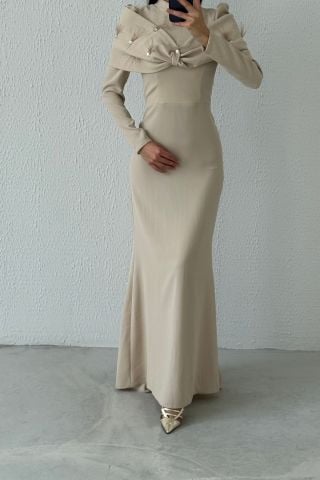 Modern Design Unique Crepe Hijab Evening Dress Stone