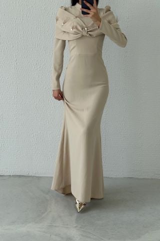 Modern Design Unique Crepe Hijab Evening Dress Stone