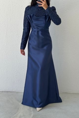 Elegant Lace Hijab Evening Dress Navy Blue on Satin