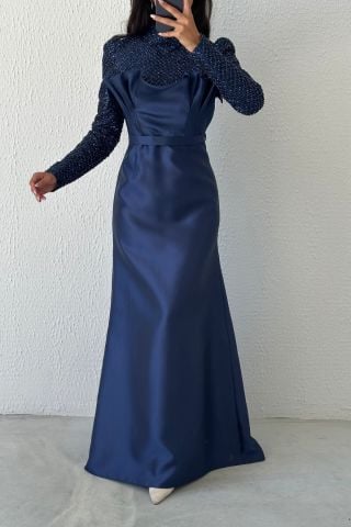 Elegant Lace Hijab Evening Dress Navy Blue on Satin