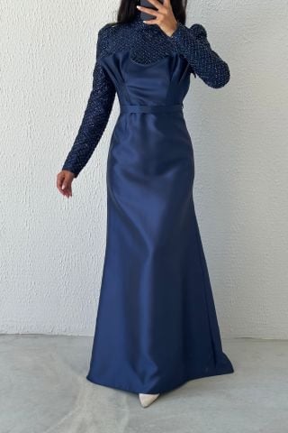Elegant Lace Hijab Evening Dress Navy Blue on Satin