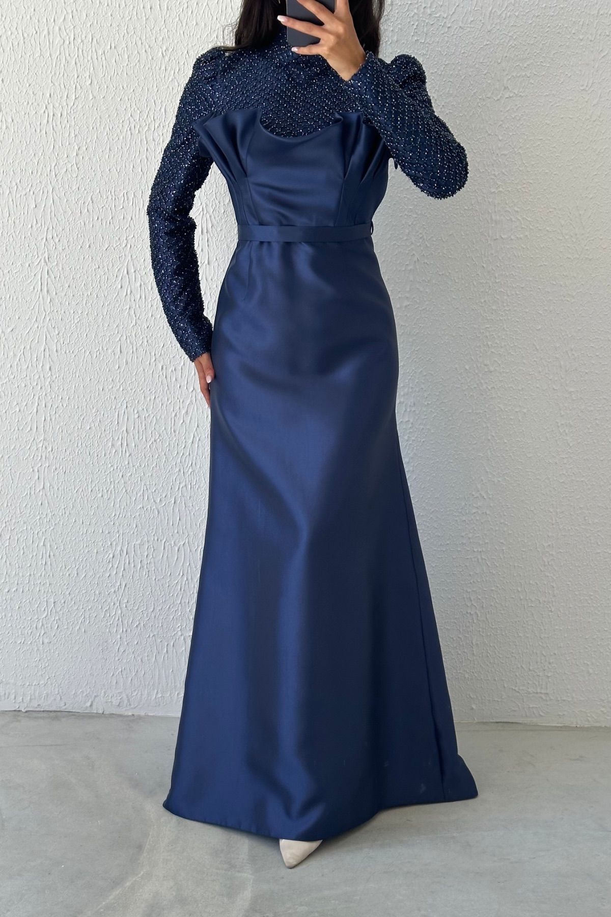 Elegant Lace Hijab Evening Dress Navy Blue on Satin