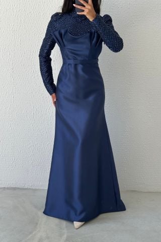Elegant Lace Hijab Evening Dress Navy Blue on Satin