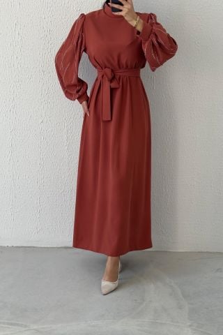 Kolları Boydan İşlemeli Krep Tesettür Abiye Orange
