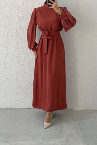 Kolları Boydan İşlemeli Krep Tesettür Abiye Orange
