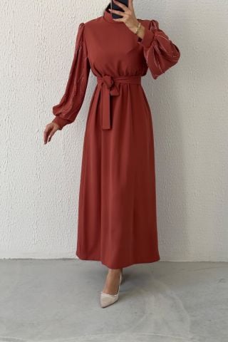 Kolları Boydan İşlemeli Krep Tesettür Abiye Orange