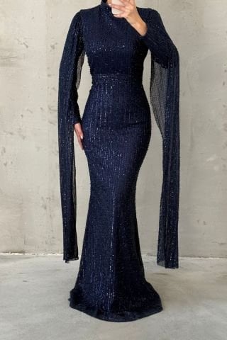 Pırıltılı Kol Detaylı Tesettür Abiye Lacivert