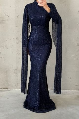 Pırıltılı Kol Detaylı Tesettür Abiye Lacivert