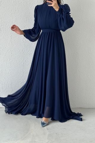 Önü Kısa Arkası Uzun Şifon Tesettür Abiye Lacivert