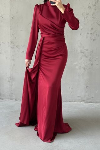 Draped Tail Detailed Hijab Evening Dress Burgundy
