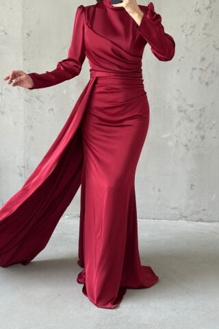 Drapeli Kuyruk Detaylı Tesettür Abiye Bordo