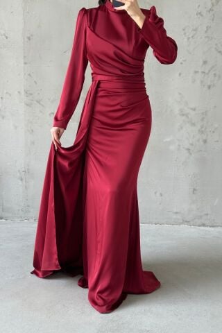 Drapeli Kuyruk Detaylı Tesettür Abiye Bordo