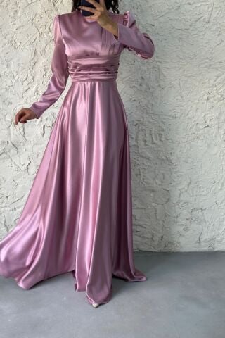 Kuşağı Pilise Detaylı Saten Tesettür Abiye Lila