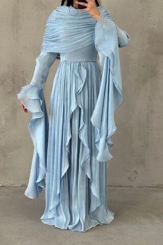 Volan Detaylı Fırfırlı Janjan Tesettür Abiye İndigo