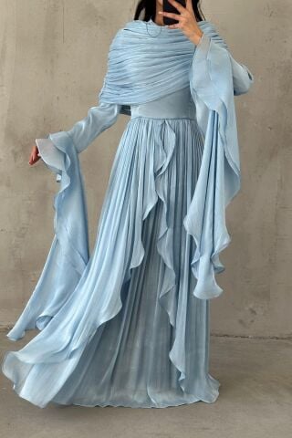 Volan Detaylı Fırfırlı Janjan Tesettür Abiye İndigo