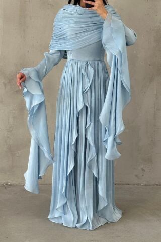 Volan Detaylı Fırfırlı Janjan Tesettür Abiye İndigo