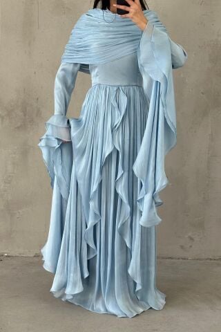 Volan Detaylı Fırfırlı Janjan Tesettür Abiye İndigo